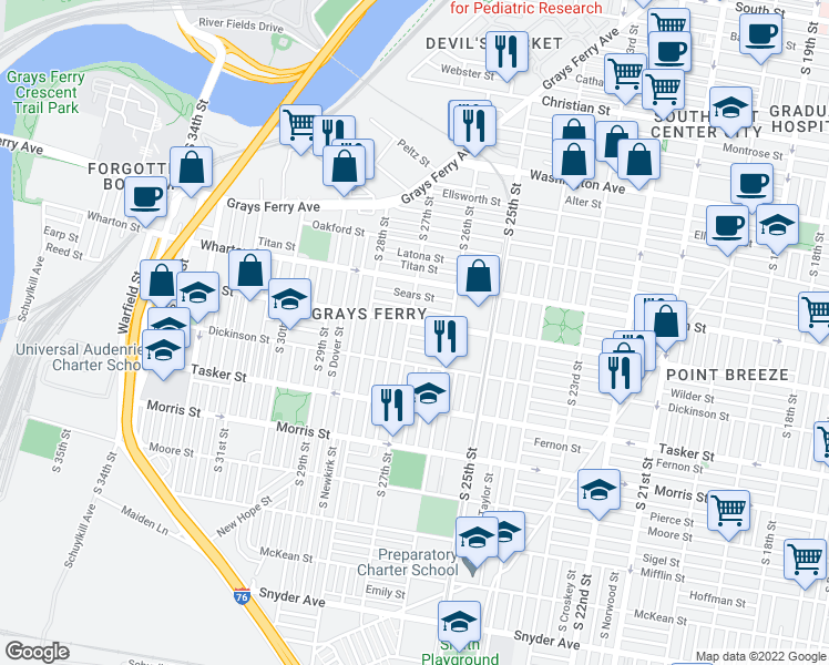 map of restaurants, bars, coffee shops, grocery stores, and more near 2649 Gerritt Street in Philadelphia