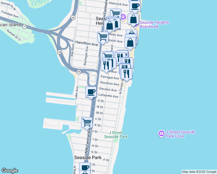 map of restaurants, bars, coffee shops, grocery stores, and more near 1901 Ocean Boulevard in Seaside Park