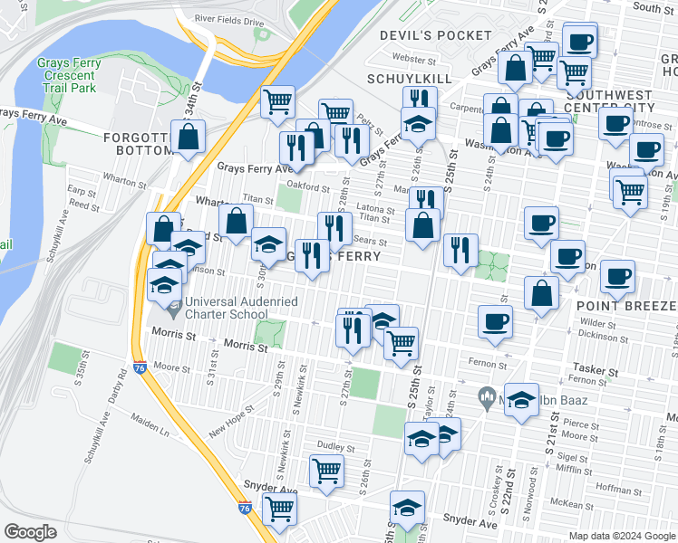 map of restaurants, bars, coffee shops, grocery stores, and more near 1420 South Marston Street in Philadelphia