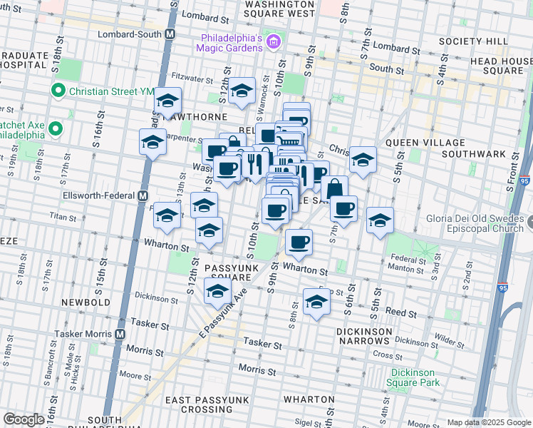 map of restaurants, bars, coffee shops, grocery stores, and more near 930 Ellsworth Street in Philadelphia