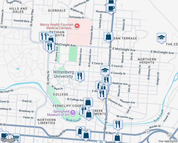 map of restaurants, bars, coffee shops, grocery stores, and more near 2 East Cassilly Street in Springfield