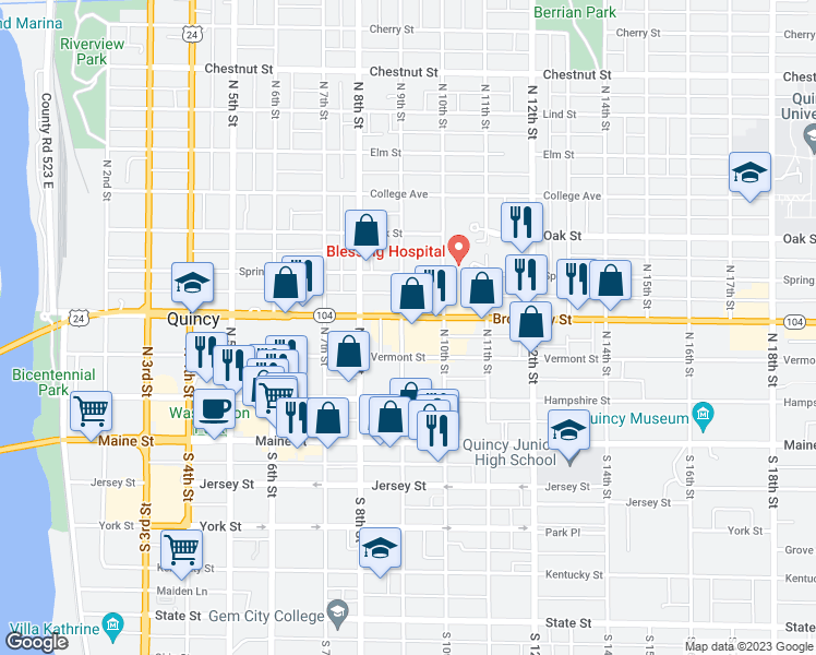 map of restaurants, bars, coffee shops, grocery stores, and more near 320 North 9th Street in Quincy