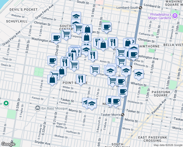 map of restaurants, bars, coffee shops, grocery stores, and more near 1226 South 18th Street in Philadelphia