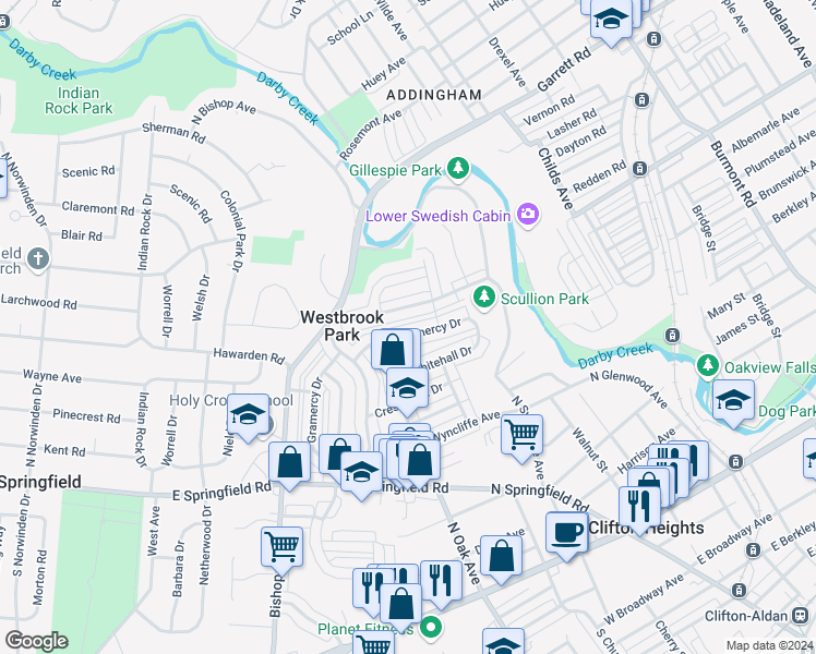 map of restaurants, bars, coffee shops, grocery stores, and more near 5158 Gramercy Drive in Clifton Heights