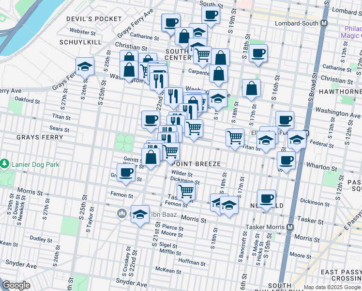 map of restaurants, bars, coffee shops, grocery stores, and more near 2026 Wharton Street in Philadelphia