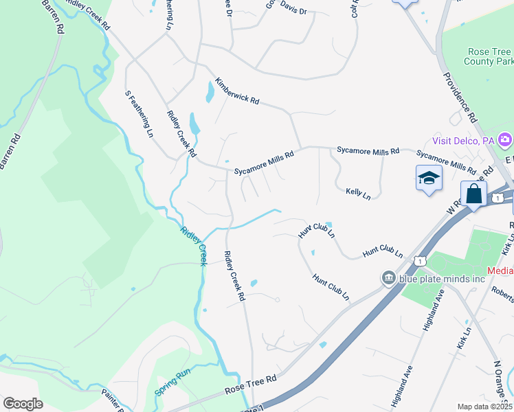 map of restaurants, bars, coffee shops, grocery stores, and more near 440 Sycamore Mills Road in Media