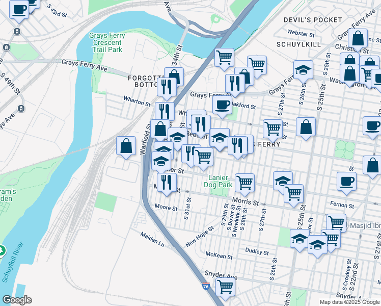 map of restaurants, bars, coffee shops, grocery stores, and more near 1479 South Napa Street in Philadelphia