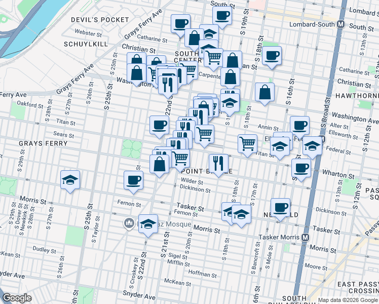 map of restaurants, bars, coffee shops, grocery stores, and more near 2042 Titan Street in Philadelphia