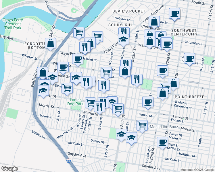 map of restaurants, bars, coffee shops, grocery stores, and more near 2655 Gerritt Street in Philadelphia