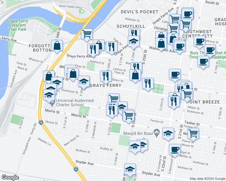map of restaurants, bars, coffee shops, grocery stores, and more near 1415 South Etting Street in Philadelphia