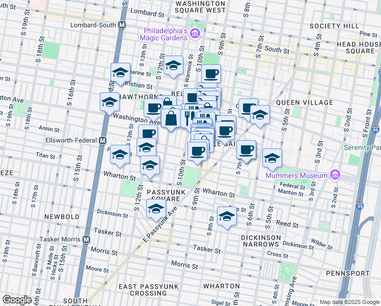 map of restaurants, bars, coffee shops, grocery stores, and more near 932 Ellsworth Street in Philadelphia