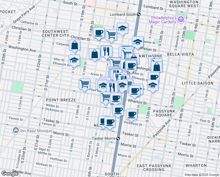 map of restaurants, bars, coffee shops, grocery stores, and more near 1510 Federal Street in Philadelphia