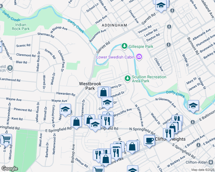 map of restaurants, bars, coffee shops, grocery stores, and more near 5158 Gramercy Drive in Clifton Heights