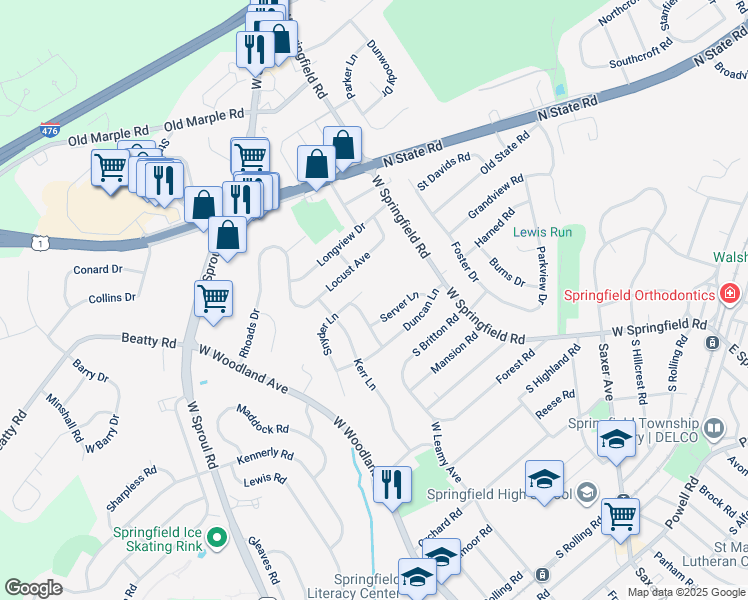 map of restaurants, bars, coffee shops, grocery stores, and more near 55 Snyder Lane in Springfield