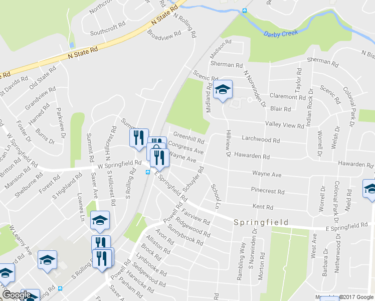 map of restaurants, bars, coffee shops, grocery stores, and more near 100 Congress Avenue in Springfield