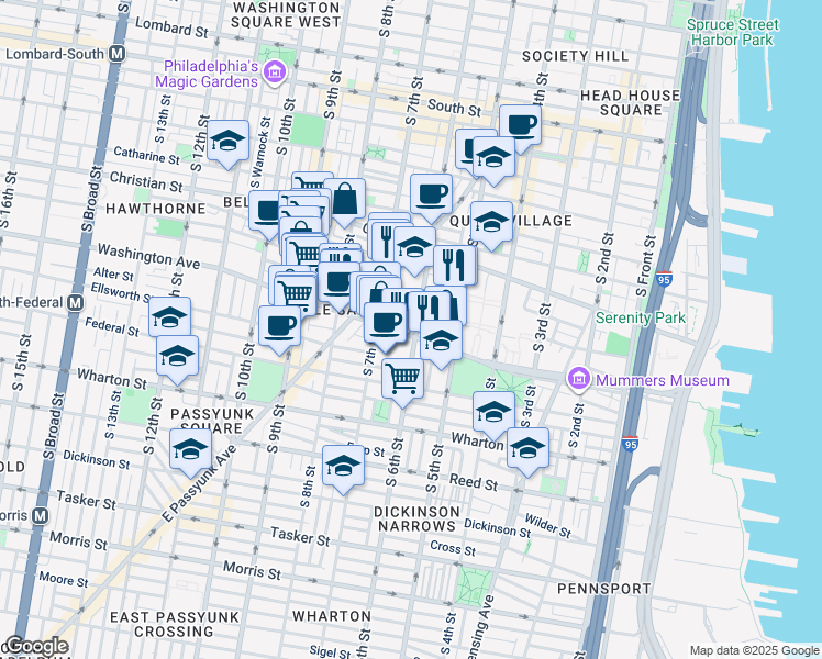 map of restaurants, bars, coffee shops, grocery stores, and more near 603 Washington Avenue in Philadelphia