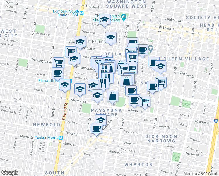 map of restaurants, bars, coffee shops, grocery stores, and more near 1029 Annin Street in Philadelphia