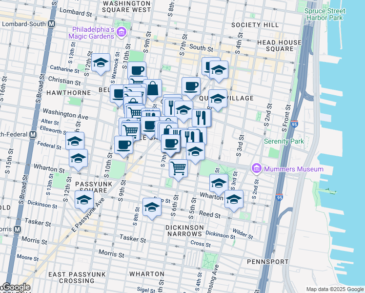 map of restaurants, bars, coffee shops, grocery stores, and more near 603 Washington Avenue in Philadelphia