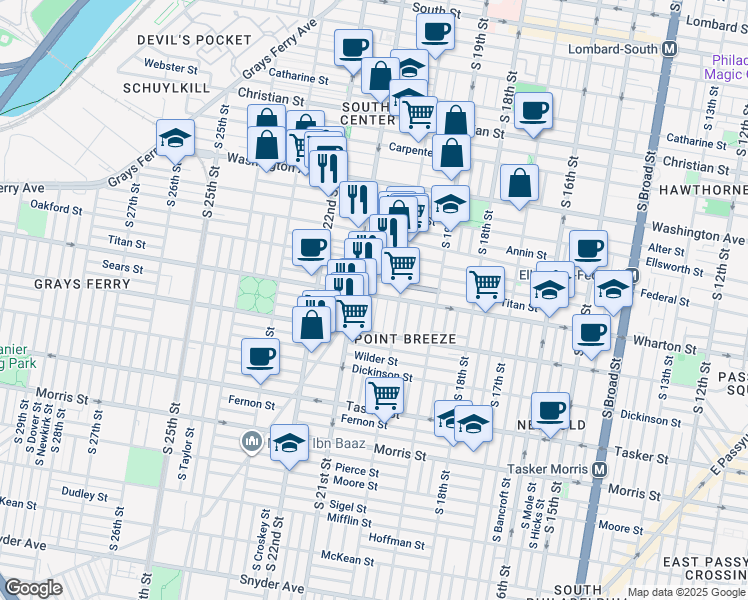 map of restaurants, bars, coffee shops, grocery stores, and more near 2026 Wharton Street in Philadelphia