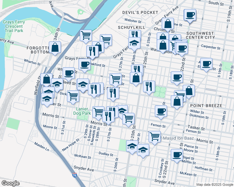 map of restaurants, bars, coffee shops, grocery stores, and more near 2655 Gerritt Street in Philadelphia