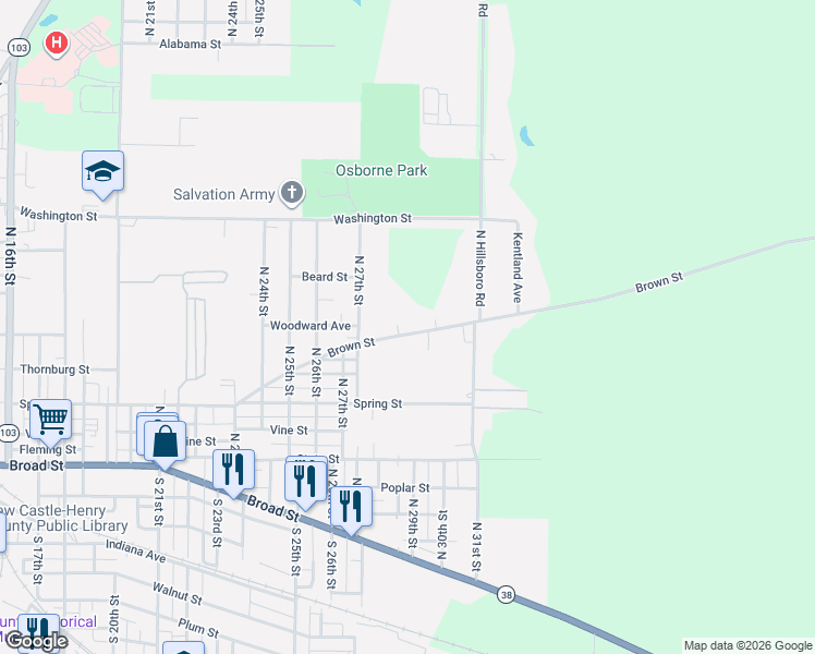 map of restaurants, bars, coffee shops, grocery stores, and more near 2812 Brown Street in New Castle