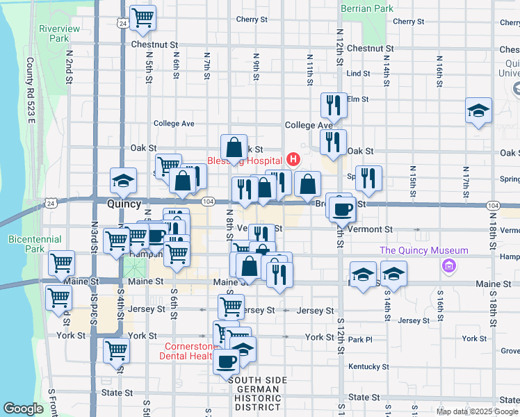 map of restaurants, bars, coffee shops, grocery stores, and more near 927 Broadway Street in Quincy