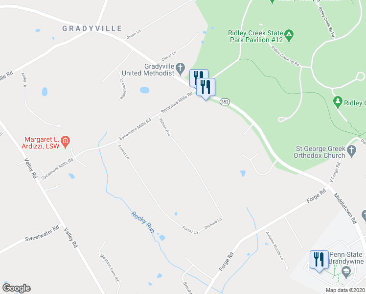 map of restaurants, bars, coffee shops, grocery stores, and more near 1111 Wilson Avenue in Glen Mills