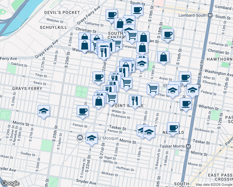 map of restaurants, bars, coffee shops, grocery stores, and more near 2042 Titan Street in Philadelphia