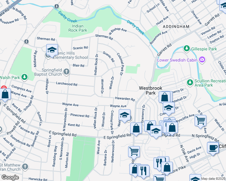map of restaurants, bars, coffee shops, grocery stores, and more near 221 Welsh Drive in Springfield
