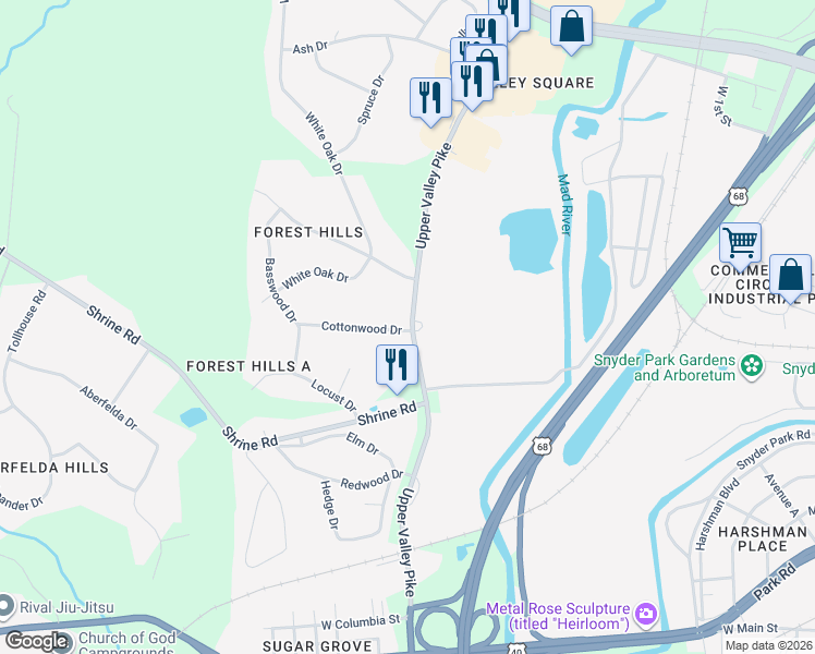 map of restaurants, bars, coffee shops, grocery stores, and more near 560 Upper Valley Pike in Springfield