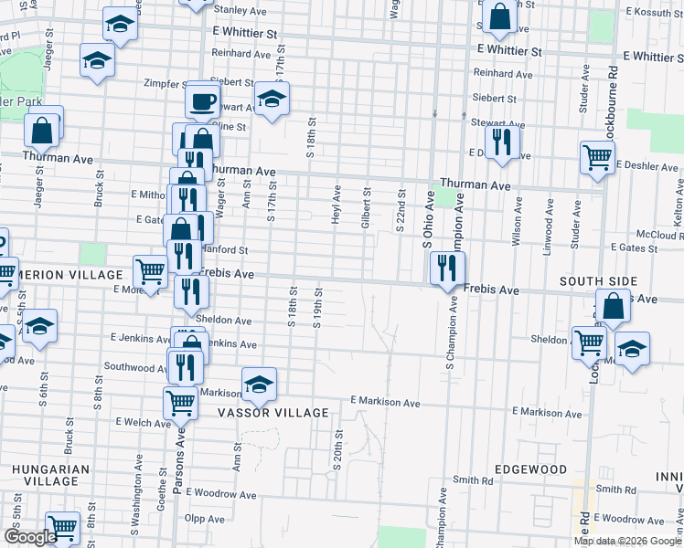 map of restaurants, bars, coffee shops, grocery stores, and more near 680 Hanford Street in Columbus