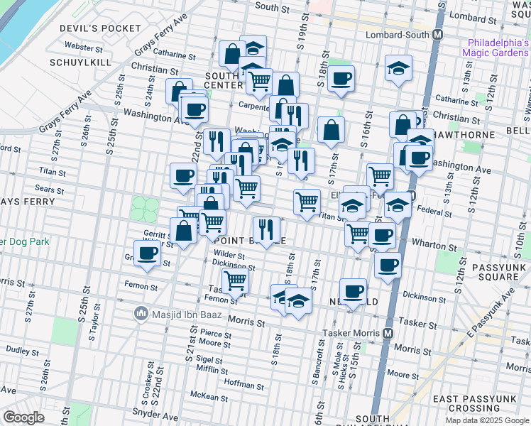 map of restaurants, bars, coffee shops, grocery stores, and more near 1911 Wharton Street in Philadelphia