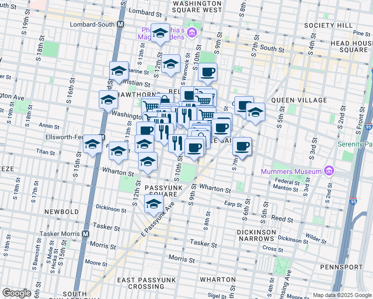 map of restaurants, bars, coffee shops, grocery stores, and more near 932 Ellsworth Street in Philadelphia