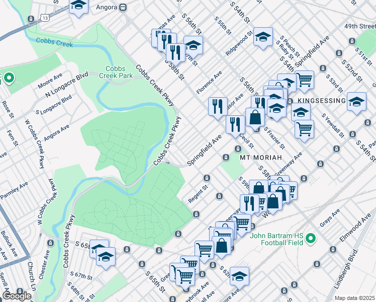 map of restaurants, bars, coffee shops, grocery stores, and more near 5951 Belmar Street in Philadelphia