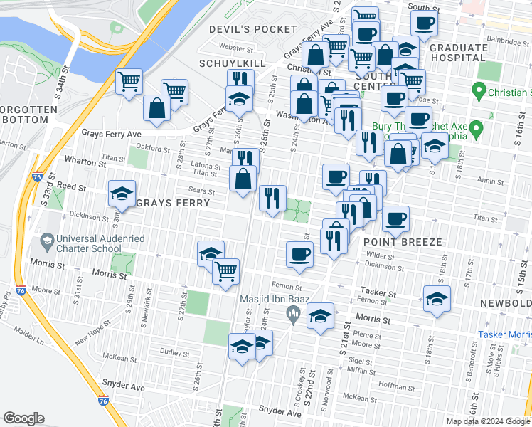 map of restaurants, bars, coffee shops, grocery stores, and more near 1345 South Taylor Street in Philadelphia