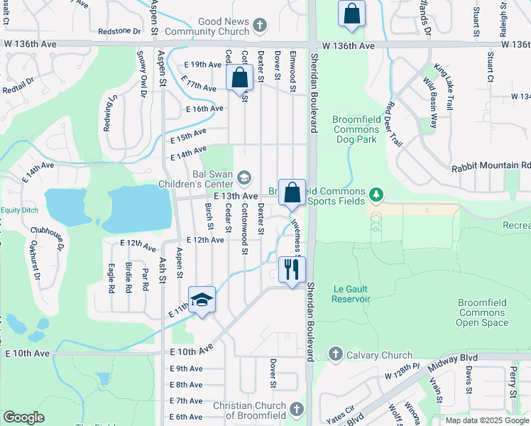 map of restaurants, bars, coffee shops, grocery stores, and more near 14 Amesbury Street in Broomfield