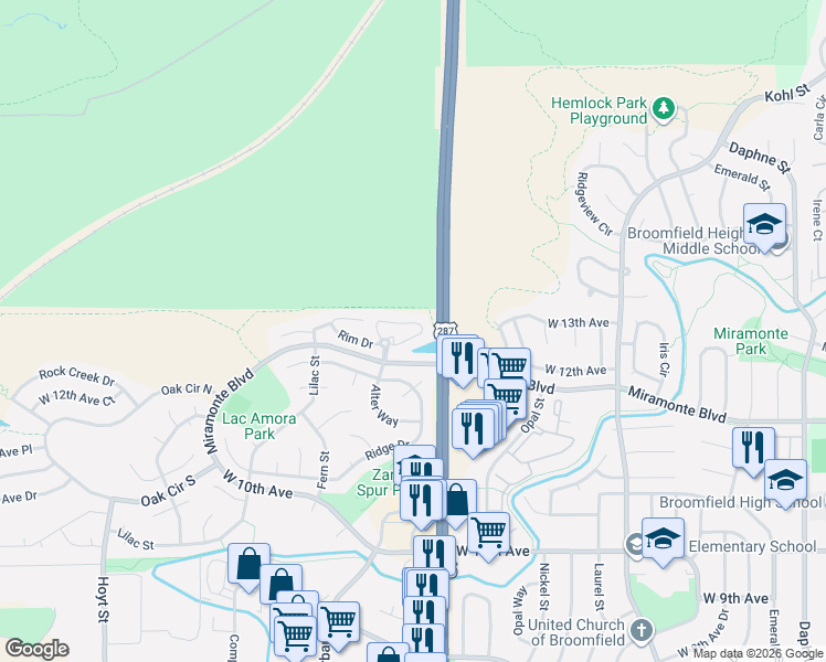 map of restaurants, bars, coffee shops, grocery stores, and more near 2145 Sunridge Circle in Broomfield