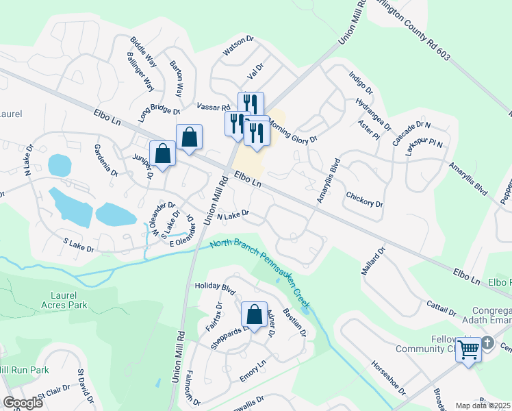 map of restaurants, bars, coffee shops, grocery stores, and more near 71 Center Lane in Mount Laurel Township