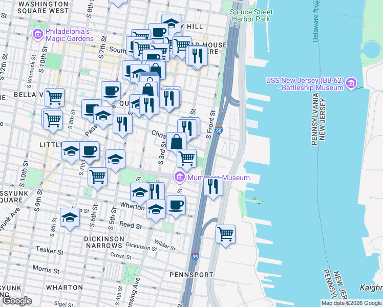 map of restaurants, bars, coffee shops, grocery stores, and more near 852 South 2nd Street in Philadelphia