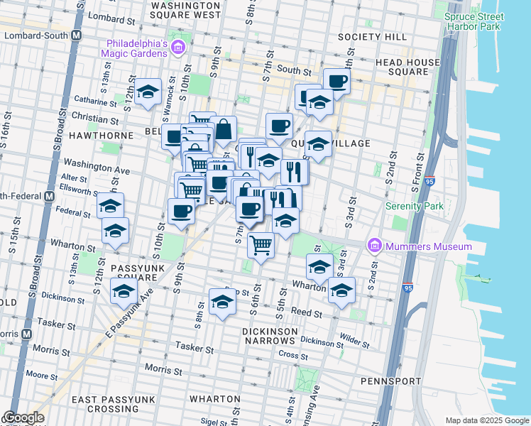map of restaurants, bars, coffee shops, grocery stores, and more near 607 Washington Avenue in Philadelphia