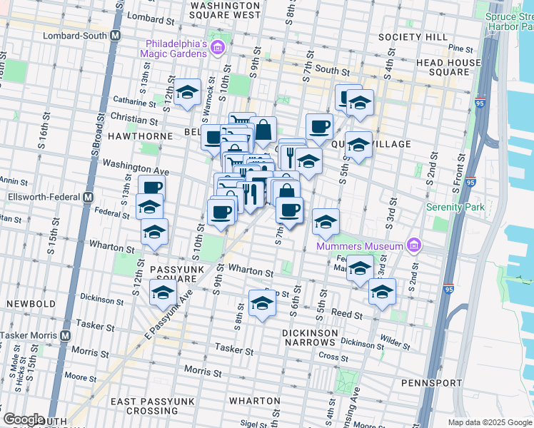 map of restaurants, bars, coffee shops, grocery stores, and more near 1030 East Passyunk Avenue in Philadelphia
