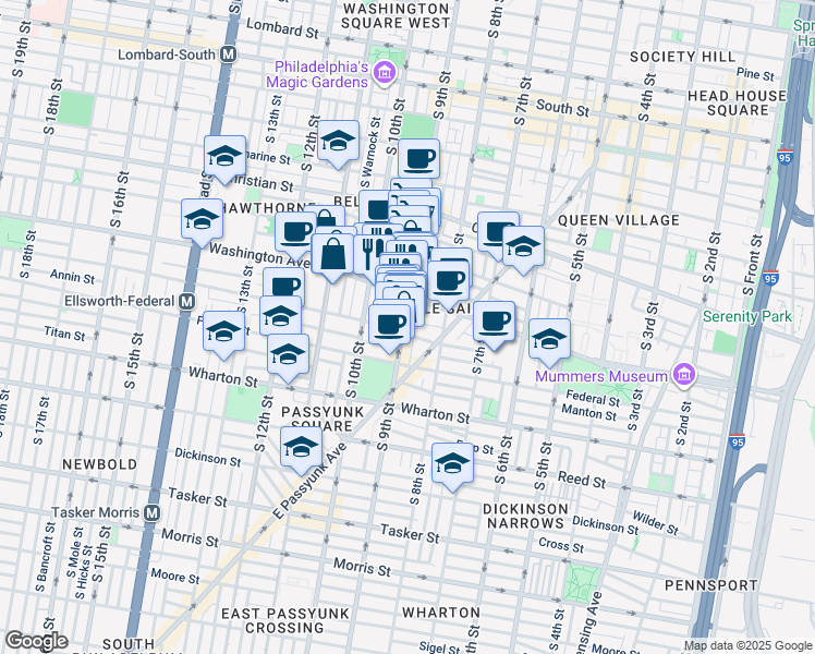 map of restaurants, bars, coffee shops, grocery stores, and more near 1135 South 9th Street in Philadelphia