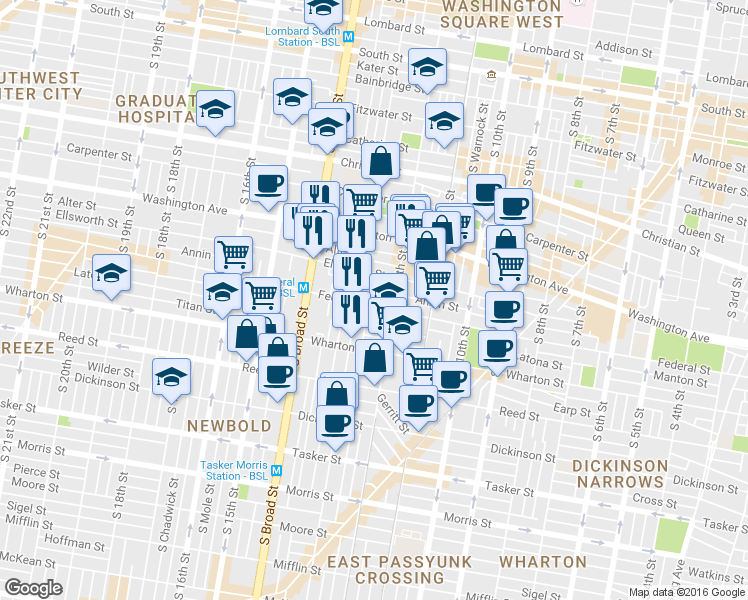 map of restaurants, bars, coffee shops, grocery stores, and more near 1148 South 13th Street in Philadelphia
