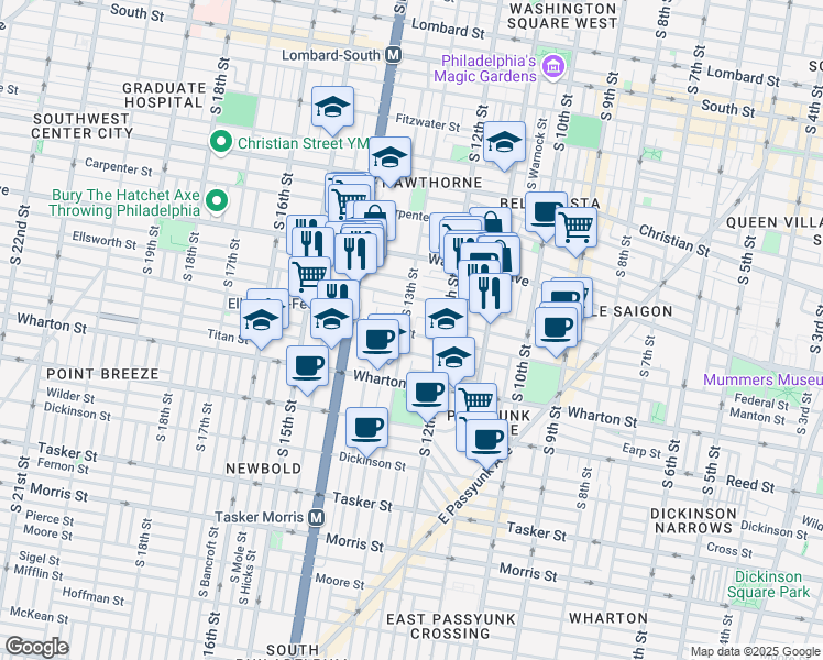 map of restaurants, bars, coffee shops, grocery stores, and more near 1148 South 13th Street in Philadelphia