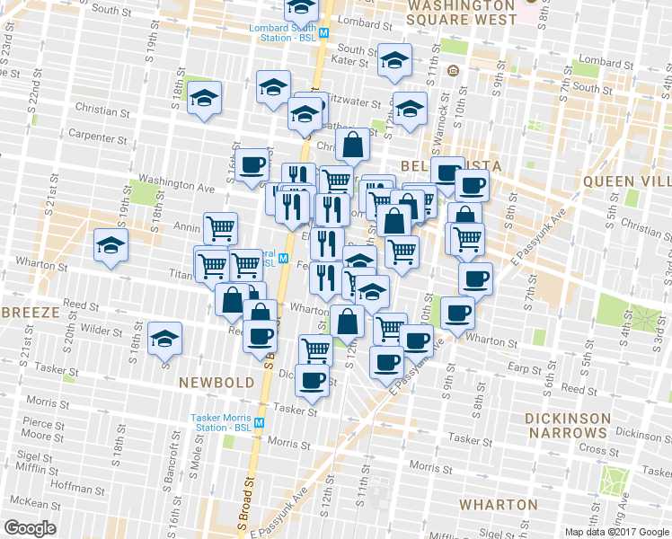 map of restaurants, bars, coffee shops, grocery stores, and more near 1148 South 13th Street in Philadelphia