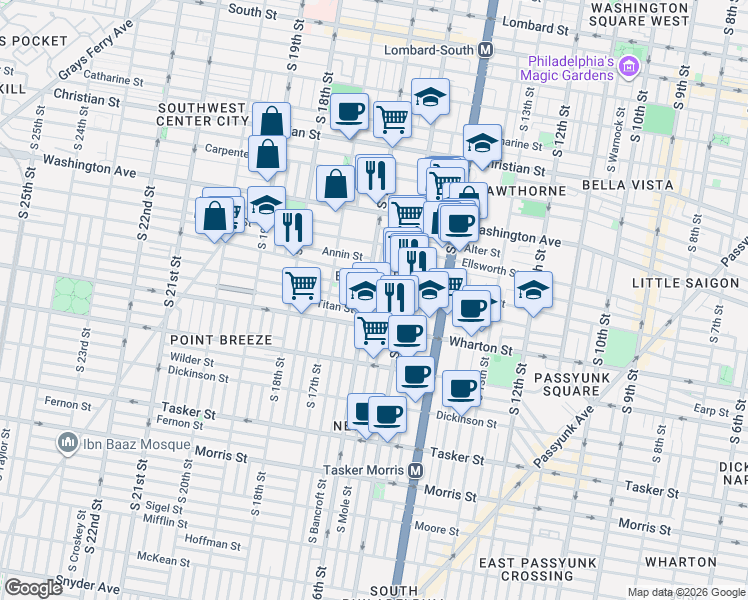 map of restaurants, bars, coffee shops, grocery stores, and more near 1607 Manton Street in Philadelphia