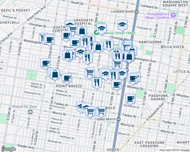 map of restaurants, bars, coffee shops, grocery stores, and more near 1708 Manton Street in Philadelphia