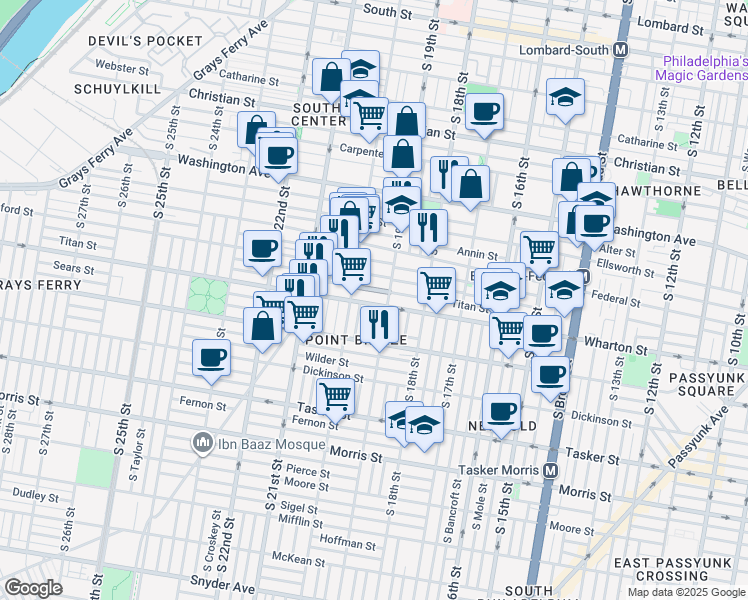 map of restaurants, bars, coffee shops, grocery stores, and more near 1234 South 19th Street in Philadelphia