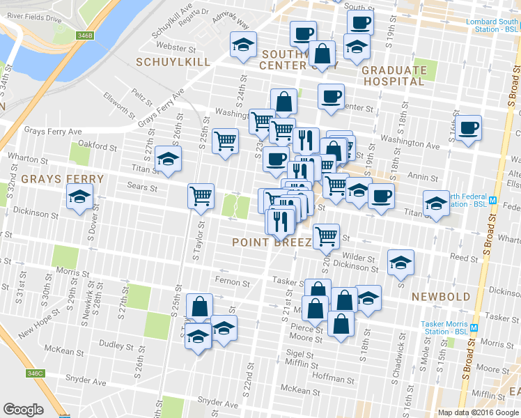 map of restaurants, bars, coffee shops, grocery stores, and more near 2233 Wharton Street in Philadelphia