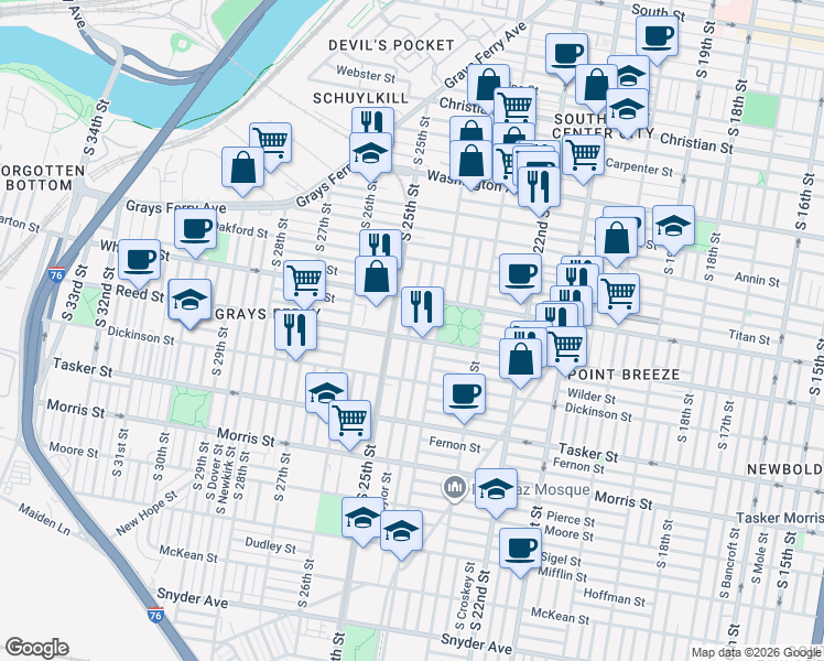 map of restaurants, bars, coffee shops, grocery stores, and more near 1311 South Ringgold Street in Philadelphia